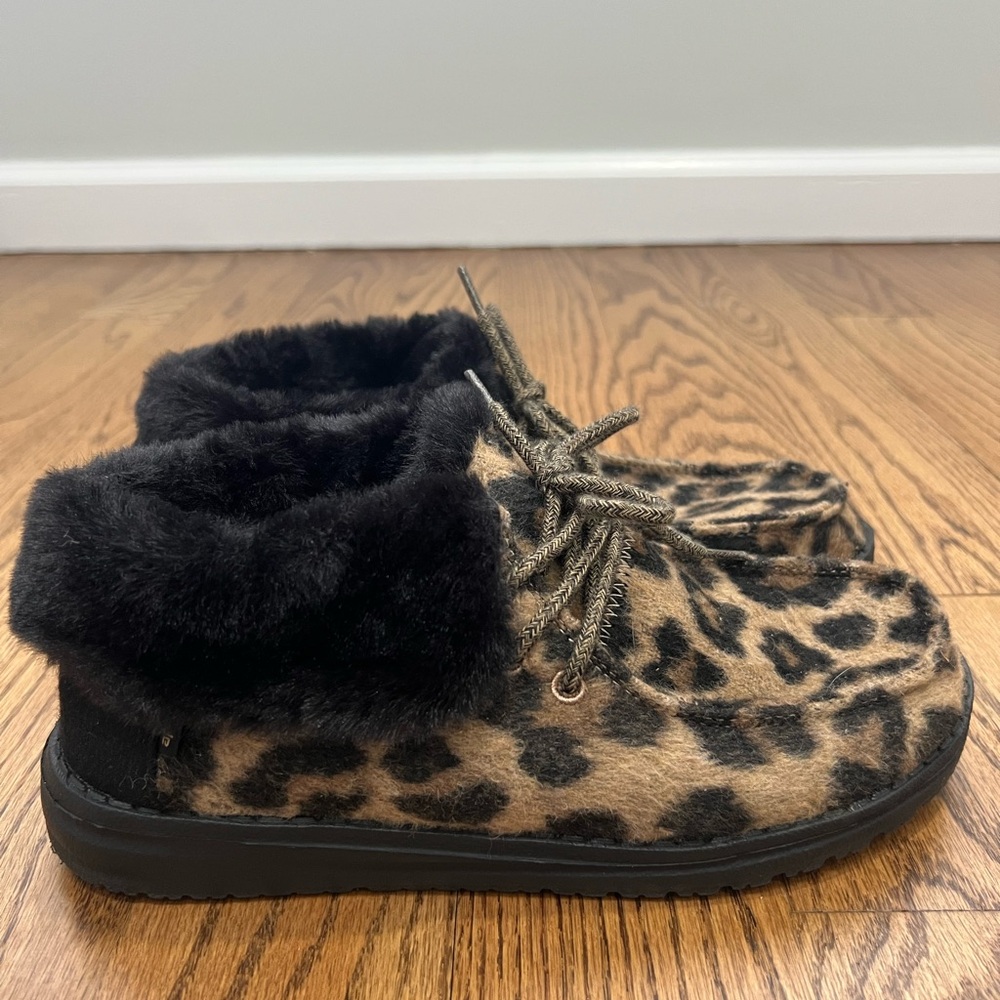 Hey Dude Leopard Print Slippers with Black Fur